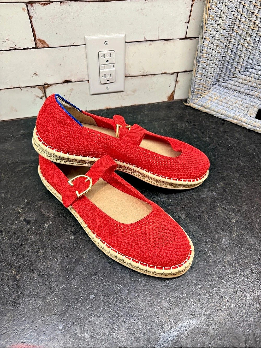 Rothy’s Red Knit Mary Jane Flats Gold Buckle Women’s Shoes